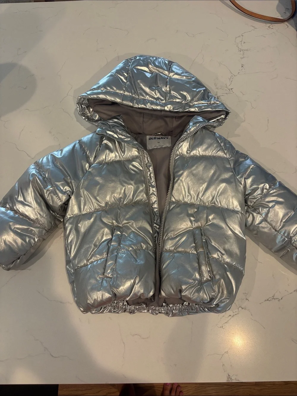 Old Navy Metallic Silver Hooded Puffer Jacket - 3T